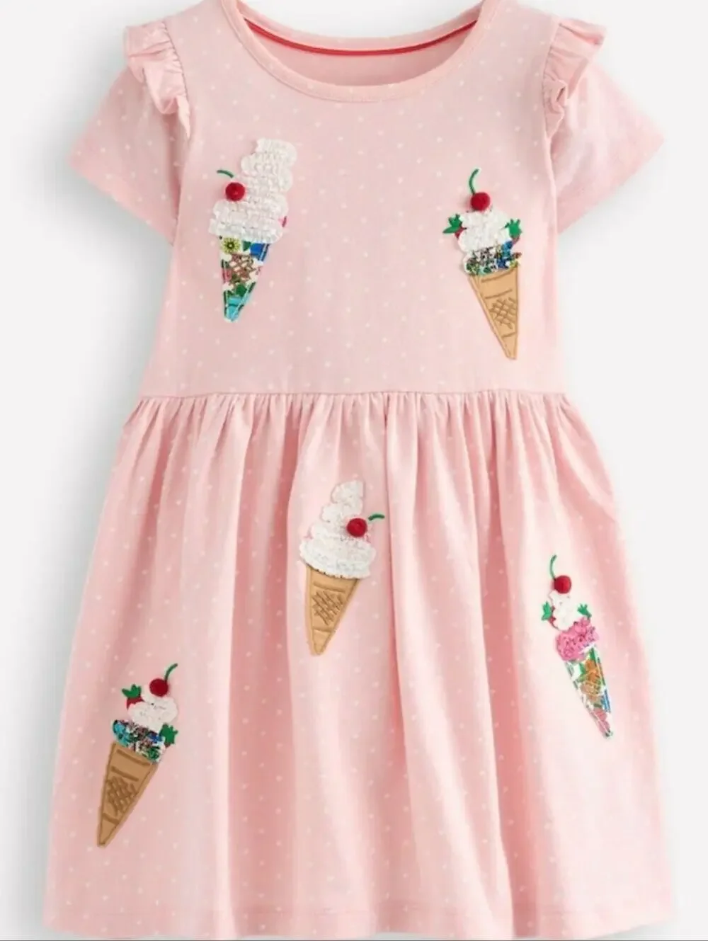 MINI BODEN Ice Cream Appliqué Cotton Jersey Dress In Chalk Pink Ice Cream Sz 6